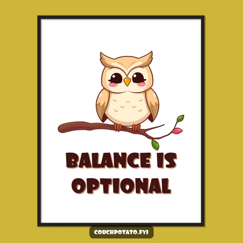 Funny Owl Poster: Hilarious Art of a Bird's Precarious Perch for Wall Decor
