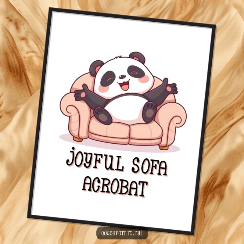 Funny panda poster art of a giggling character doing a joyful sofa roll, bringing vibrant energy and humor to walls.