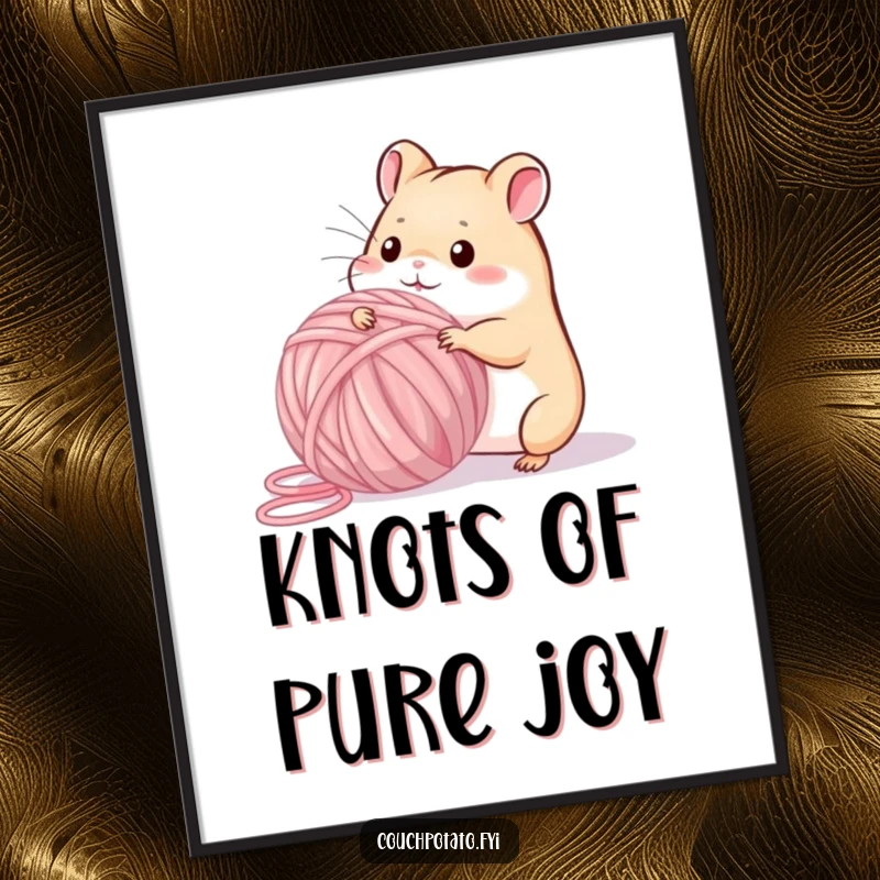 Funny playful hamster hilariously attempting to wind a massive ball of yarn, presented as charming, funny wall art.
