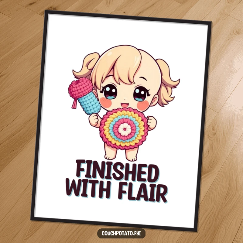Funny poster art of a character proudly displaying a finished, colorful crocheted object with a flourish, celebrating handmade success.