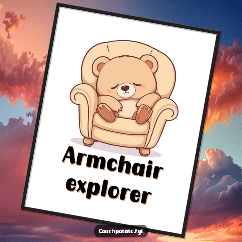 Funny Sleepy Bear Poster depicting a cute bear cub luxuriously stretching and sinking into a comfy armchair, bringing cozy vibes.