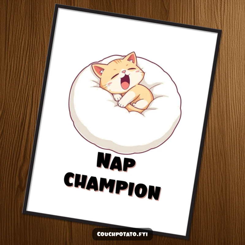 Funny sleepy cat poster print of a cat curled on a giant pillow, yawning widely, evoking feelings of peace and relaxation.