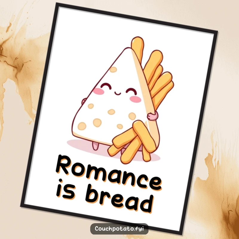 Funny poster art of a cream cheese triangle offering a bouquet of tiny breadsticks, conveying love and affection.