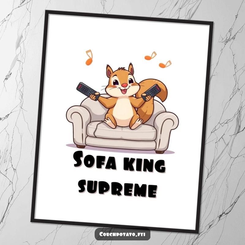 Funny squirrel poster art of a character juggling remote controls, bringing a dose of playful chaos and humor to any wall.