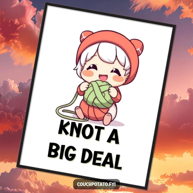 Funny poster art of a character smiling while playfully untangling a knot of yarn, celebrating patience and perseverance in crafts.