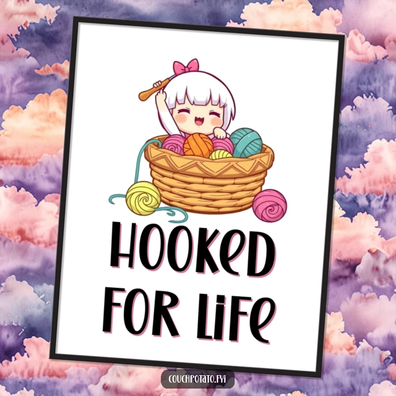 Funny poster art of a character gleefully dropping a crochet hook into a basket of yarn, celebrating the pure happiness of making.