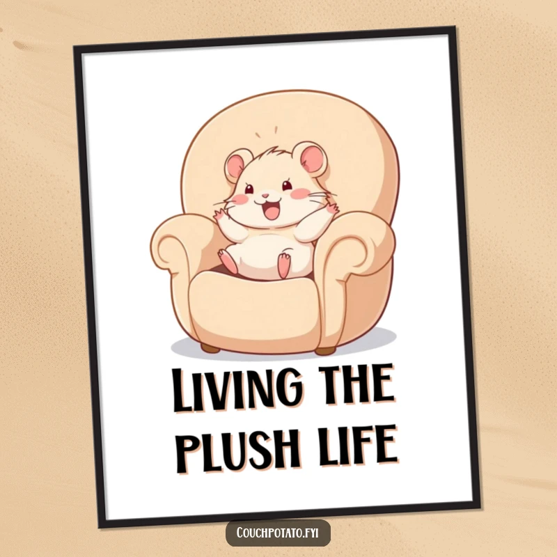 Funny cheerful hamster character happily rolling inside a giant, plush armchair, depicted as a humorous poster.