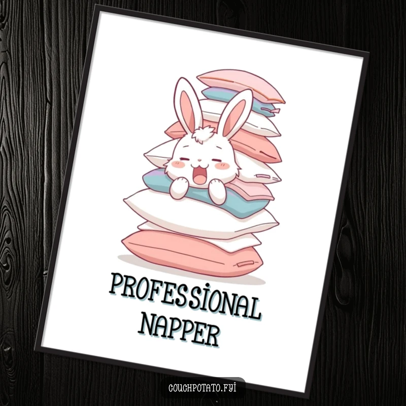 Funny fluffy bunny yawning, struggling to balance a giant pile of pillows, depicted as a whimsical poster with comical charm.