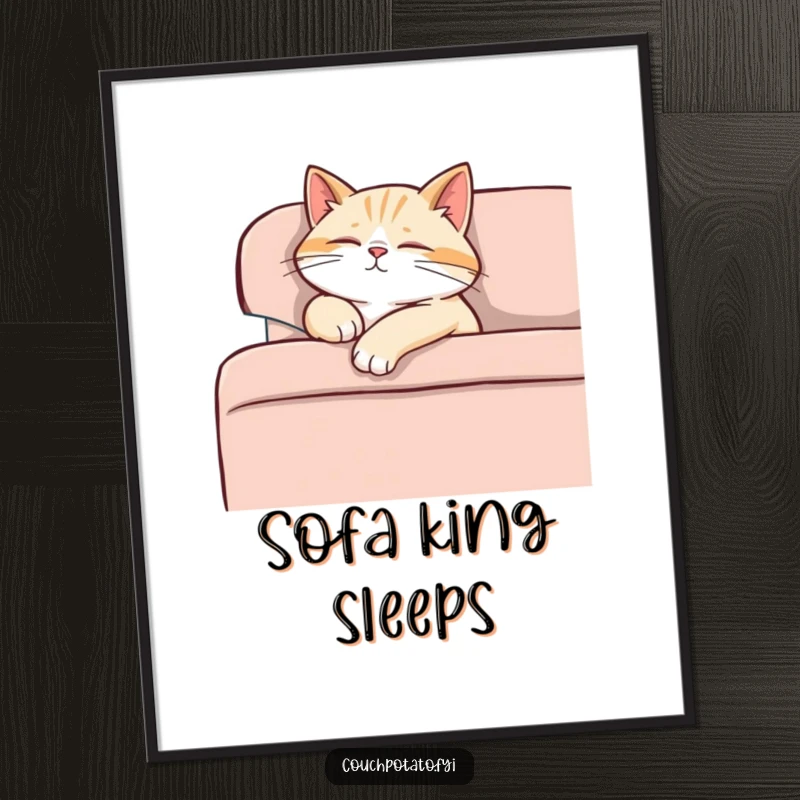 Funny content cat dozing off on a sofa, one paw dangling, purring softly, serene and humorous wall art.