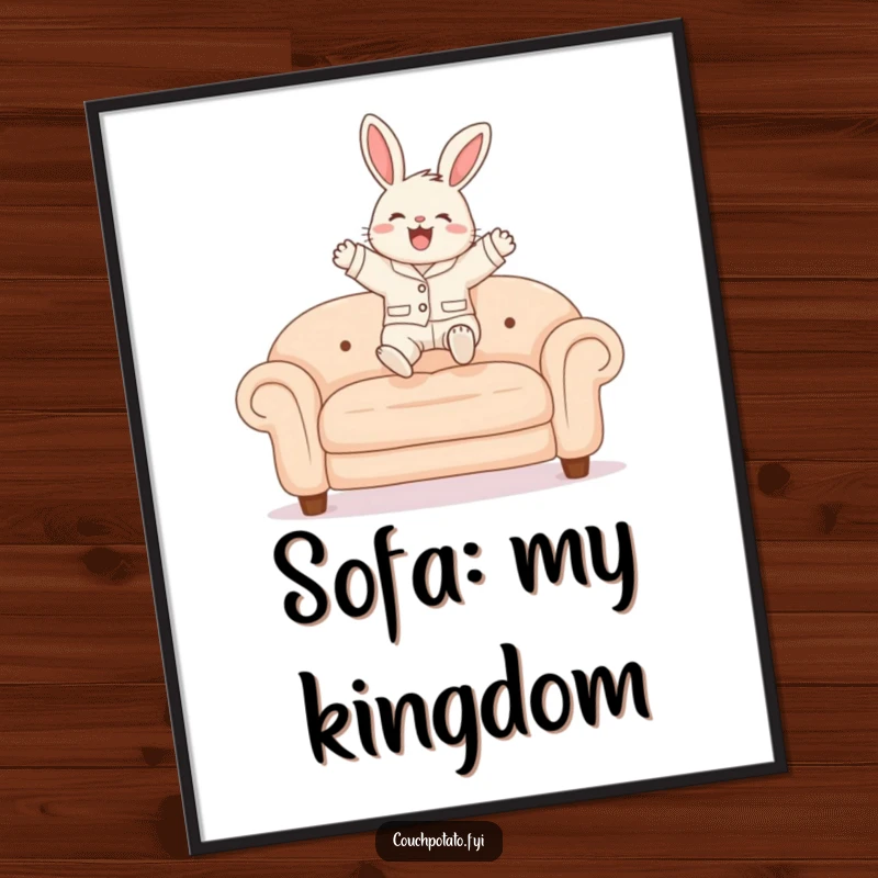 Funny Bunny Pajama Poster featuring a fluffy bunny in pajamas joyfully leaping onto a plushy sofa, adding humor to any wall.