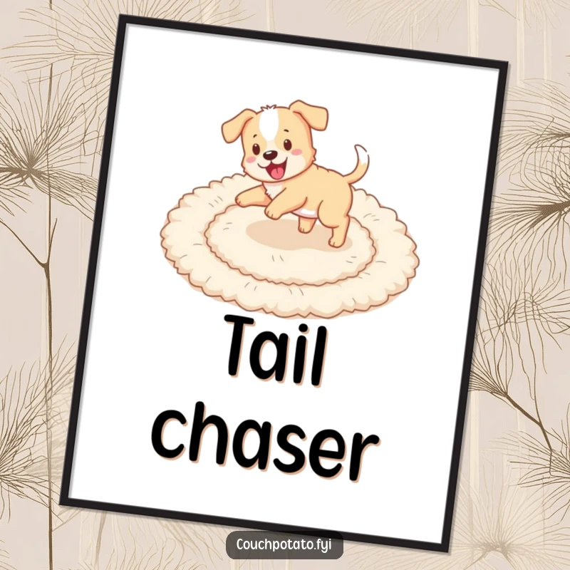 Funny playful puppy chasing its tail in circles on a fluffy rug, presented as dynamic poster art.