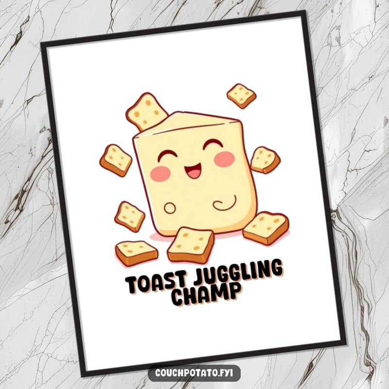 Funny poster of a winking cream cheese wedge juggling small pieces of toast, a humorous and whimsical breakfast-themed art piece.