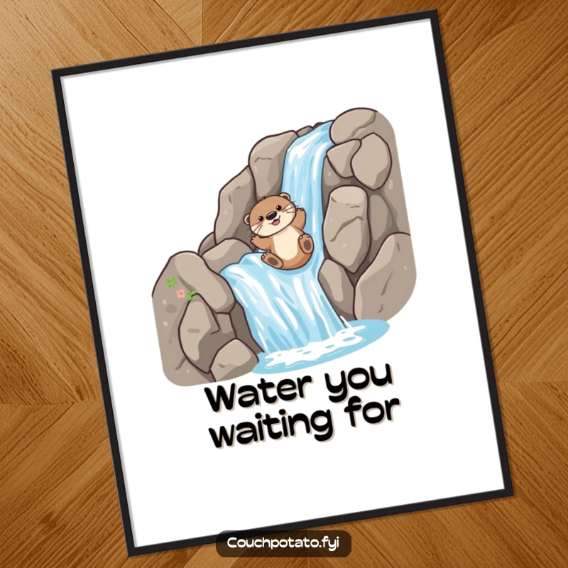 Funny Poster: A playful otter gleefully slides down a steep, rocky waterfall, a humorous and energetic wildlife illustration.