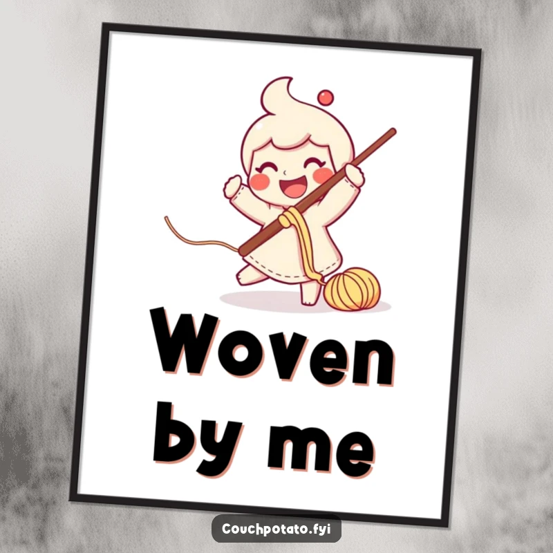 Funny smiling character swinging a large crochet hook with yarn trailing, as a wall art poster.