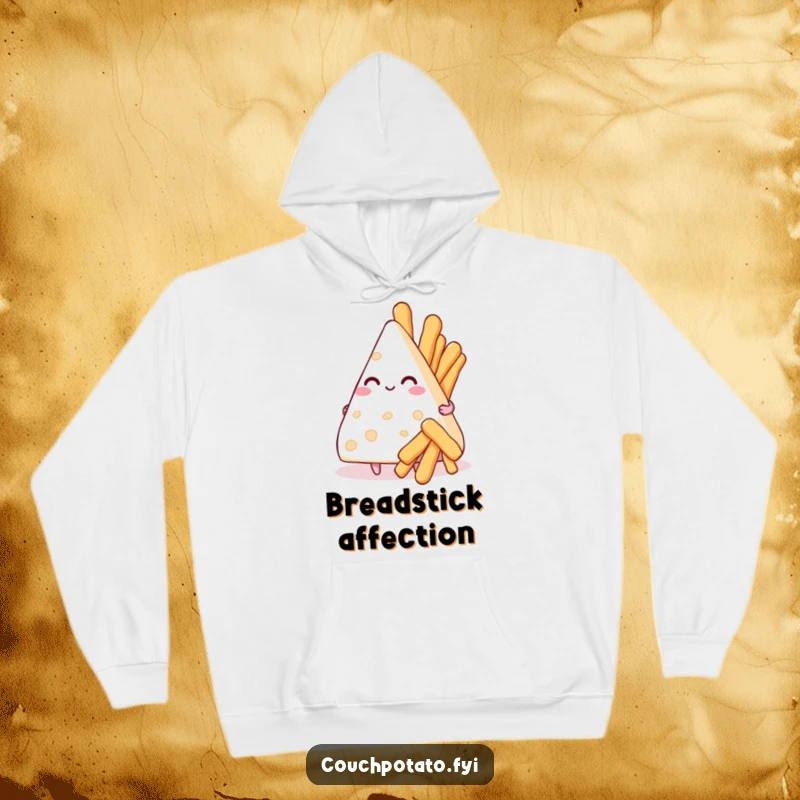 Funny hoodie with a smitten cream cheese triangle holding a bouquet of tiny breadsticks, radiating warmth and love.