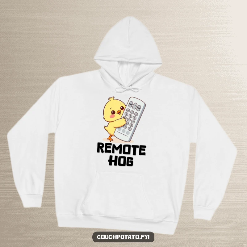 Funny little chick character trying to wrap its arms around a comically large television remote on a cozy hoodie.