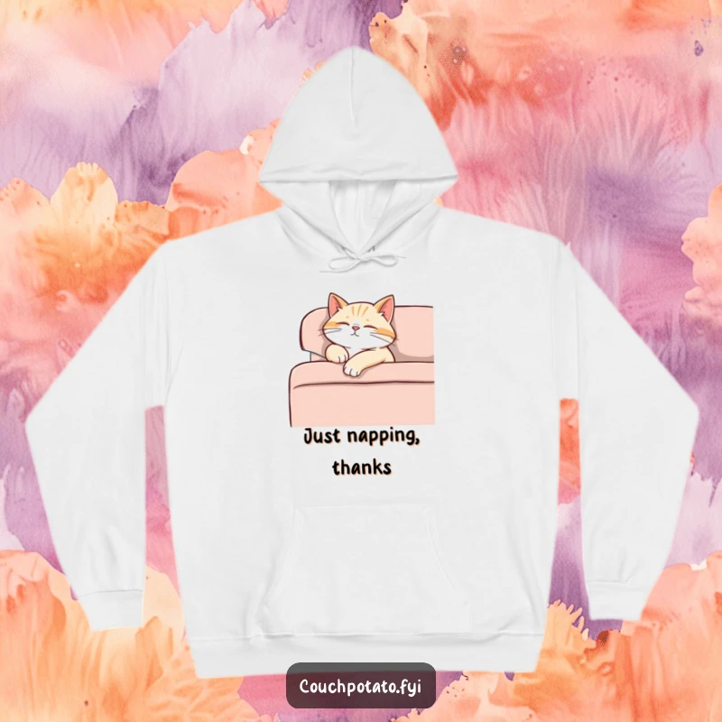 Funny content cat dozing off on a sofa, one paw dangling, purring softly, a warm and humorous hoodie.