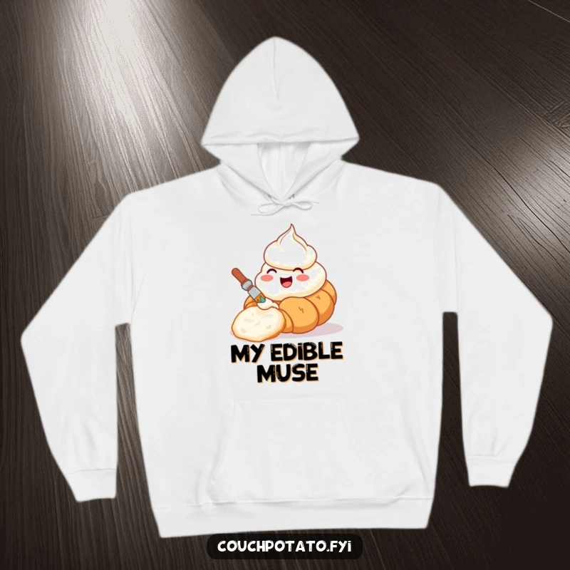 Funny hoodie featuring a delighted cream cheese tub diligently painting a croissant, ideal for cozy creative sessions.