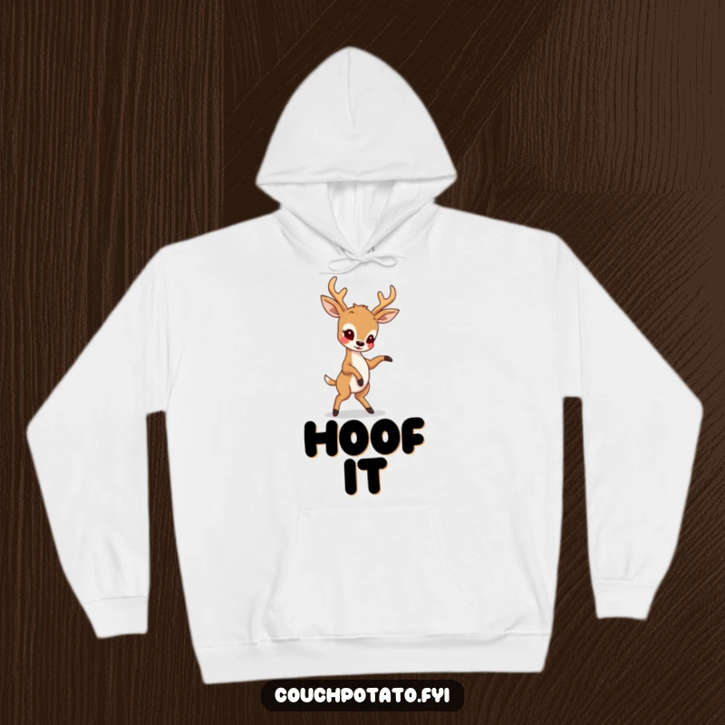 Funny hoodie featuring a deer mid-dance, attempting a complex choreography with a look of intense focus and delightful awkwardness, embodying pure fun.