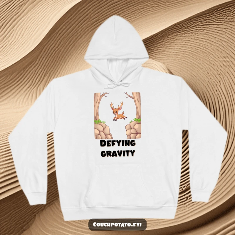 Funny Deer Hoodie: A determined deer attempts an impossible jump, offering cozy comfort and humorous motivation.