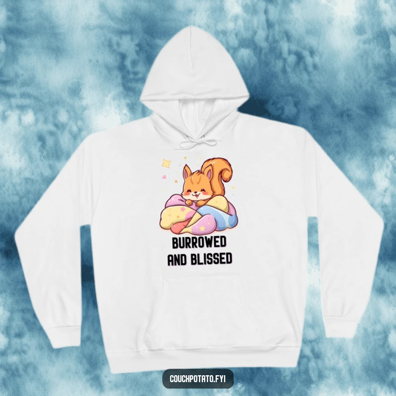 Funny squirrel buried in colorful blankets having sweet dreams, featured on a warm and cozy hoodie.