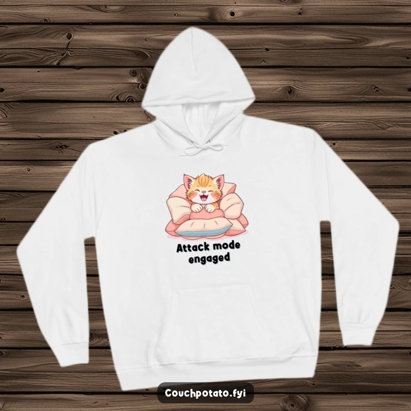 Funny Giggling Kitten Hoodie showing a cute kitten giggling as it tumbles headfirst into a pile of soft cushions, perfect for cozy fun.