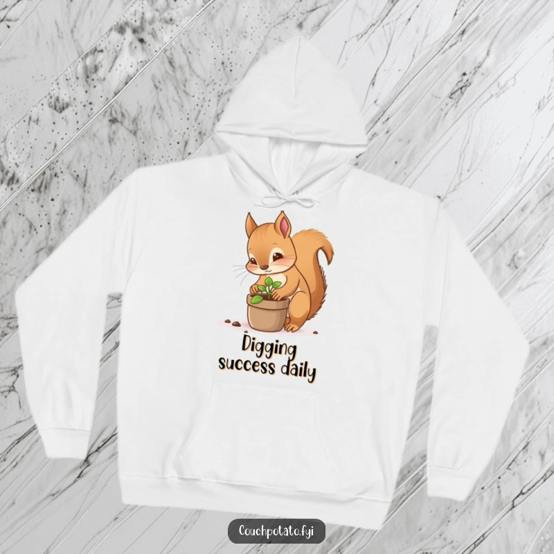 Funny squirrel planter hoodie, a dedicated squirrel planting a small sprout in a pot, comfortable and humorous outerwear.