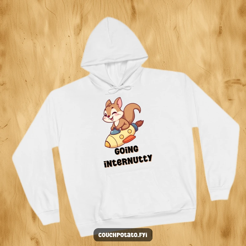 Funny squirrel rocket hoodie showing a grinning squirrel on a rocket ship, ready for cozy adventures.