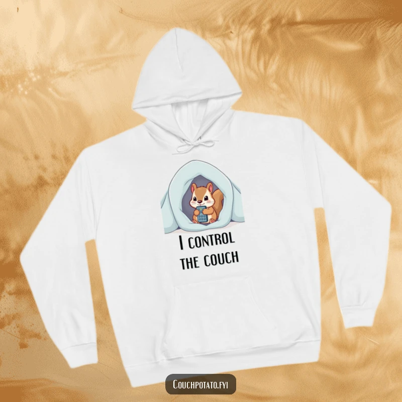 Funny curious squirrel peeking from blanket fort, clutching remote control, a warm and humorous hoodie.
