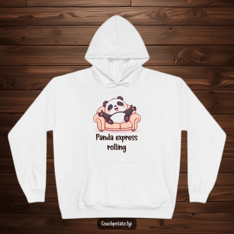 Funny panda hoodie showing a giggling character rolling on a sofa, spreading joy and comfort with open arms.