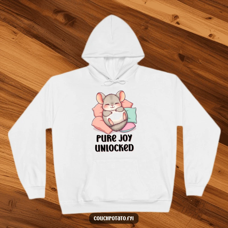 Funny Chinchilla Hoodie showing a cute chinchilla happily rolling on its back, surrounded by pillows, perfect for cozy lounging.