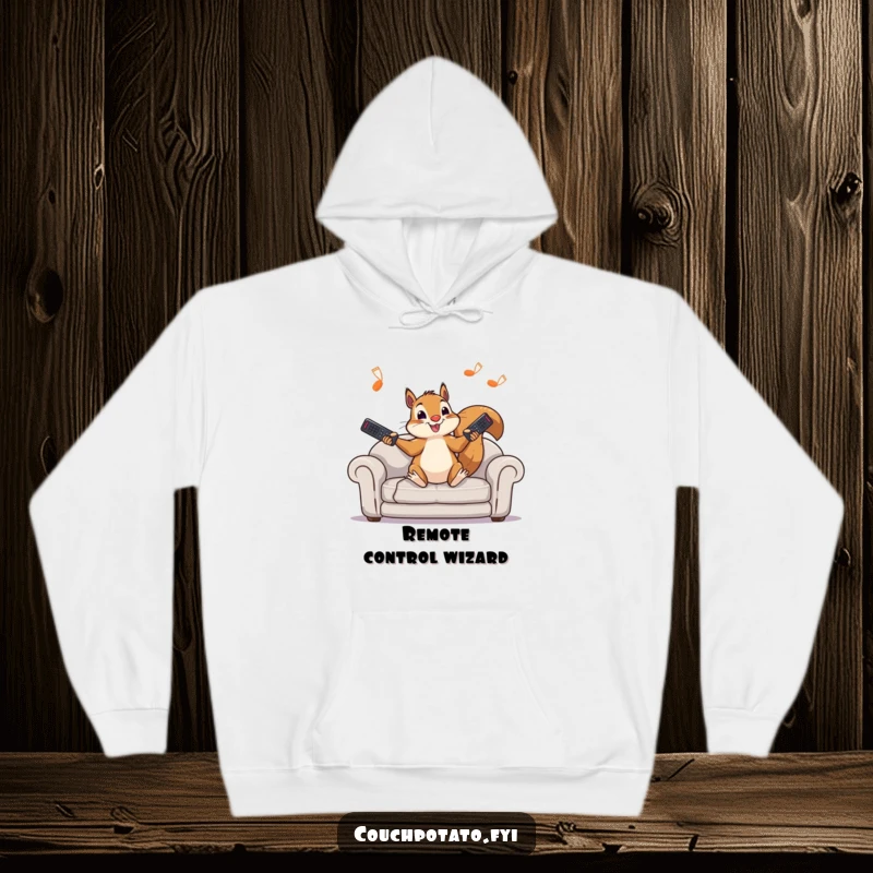 Funny squirrel hoodie showing a character juggling TV remotes on a sofa, offering warmth and a good laugh for screen readers.