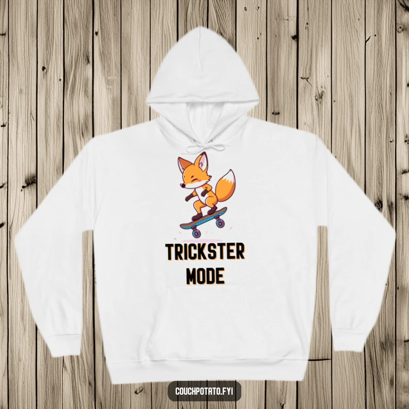 Funny Fox Hoodie: A daring fox balances on a single skateboard wheel mid-trick, offering warm comfort and humor.