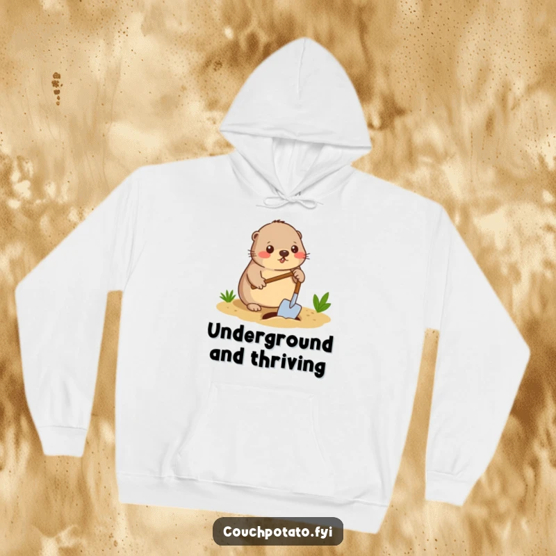 Funny mole digger hoodie, a diligent mole using a spade to dig a small hole, comfortable and humorous outerwear.