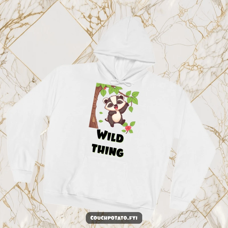 Funny Badger Hoodie: A cheerful badger swings from a vine with a happy 'whoop', offering cozy comfort and humor.