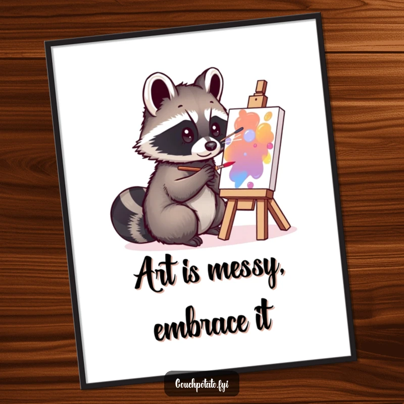 Funny Free Printable Wall Art: A curious raccoon artistically painting on a small canvas, a whimsical and creative artwork.
