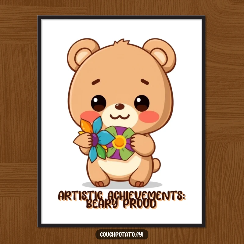 Funny Free Printable Wall Art: A cheerful bear cub proudly displays a colorful, completed craft, perfect for a whimsical touch.