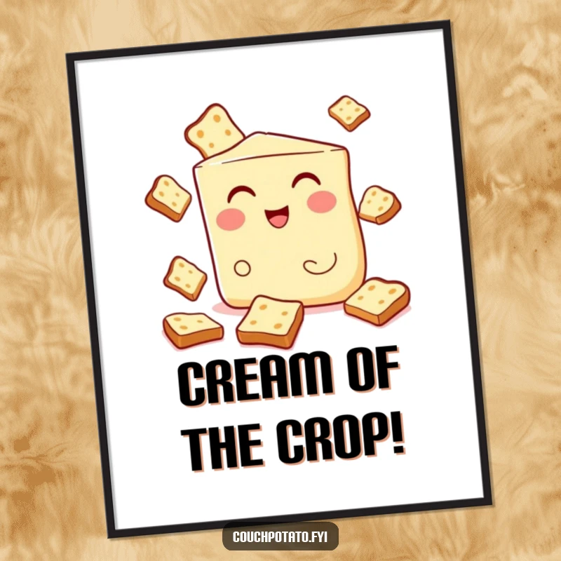 Funny Free Printable Wall Art depicting a winking wedge of cream cheese masterfully juggling small, golden pieces of toast.