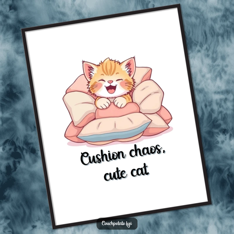 Funny Free Printable Wall Art: Giggling kitten tumbling headfirst into soft cushions, creating a scene of playful joy.