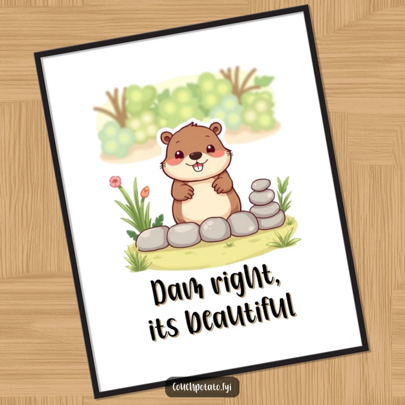 Free Printable Beaver Wall Art featuring a smiling beaver meticulously stacking stones to create a garden border, symbolizing industriousness and charm.