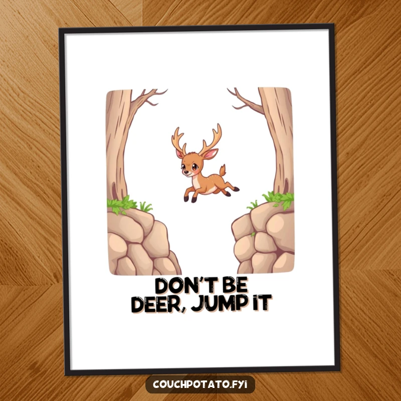 Free Printable Wall Art: A determined deer is captured mid-air, bravely jumping over a very large and challenging impossible gap.