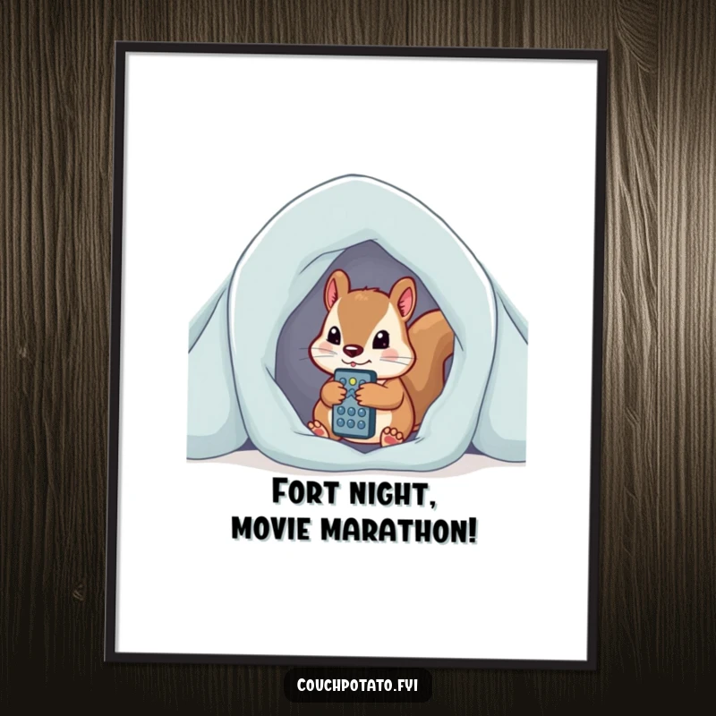 Funny Free Printable Wall Art: a curious squirrel peeks from a blanket fort, clutching a remote control.