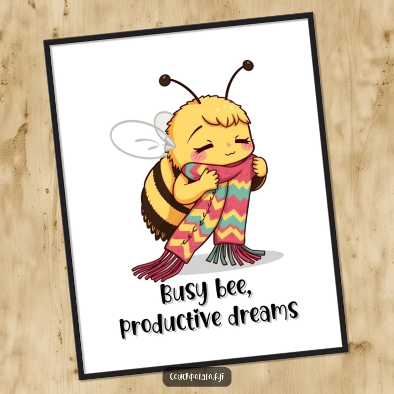 Funny Free Printable Wall Art: Concentrating bee skillfully knitting a long, colorful scarf, adding charm to any room.