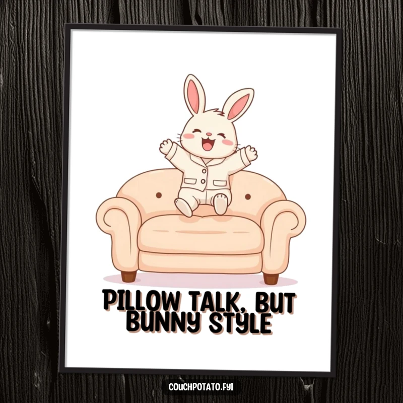 Funny Free Printable Wall Art: Fluffy bunny in pajamas joyfully leaping onto a plush sofa, bringing humor home.