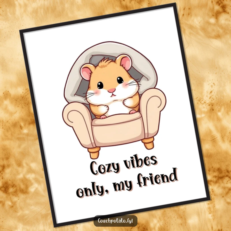 Funny Free Printable Wall Art: Adorable chubby hamster peeking from under a cozy blanket on an armchair, bringing warmth and humor.