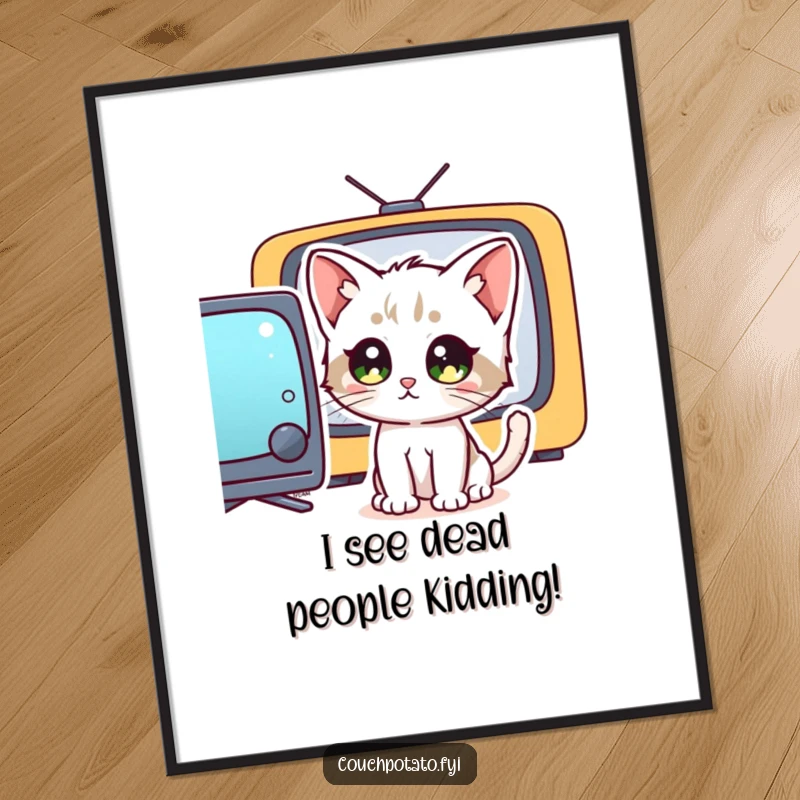 Funny Free Printable Wall Art: A curious kitten with wide eyes stares intently at a television screen, creating humorous decor.