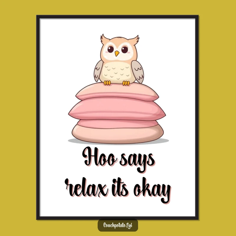 Free Printable Funny Owl Wall Art: Relaxed Cushion Scene Digital Download Decor