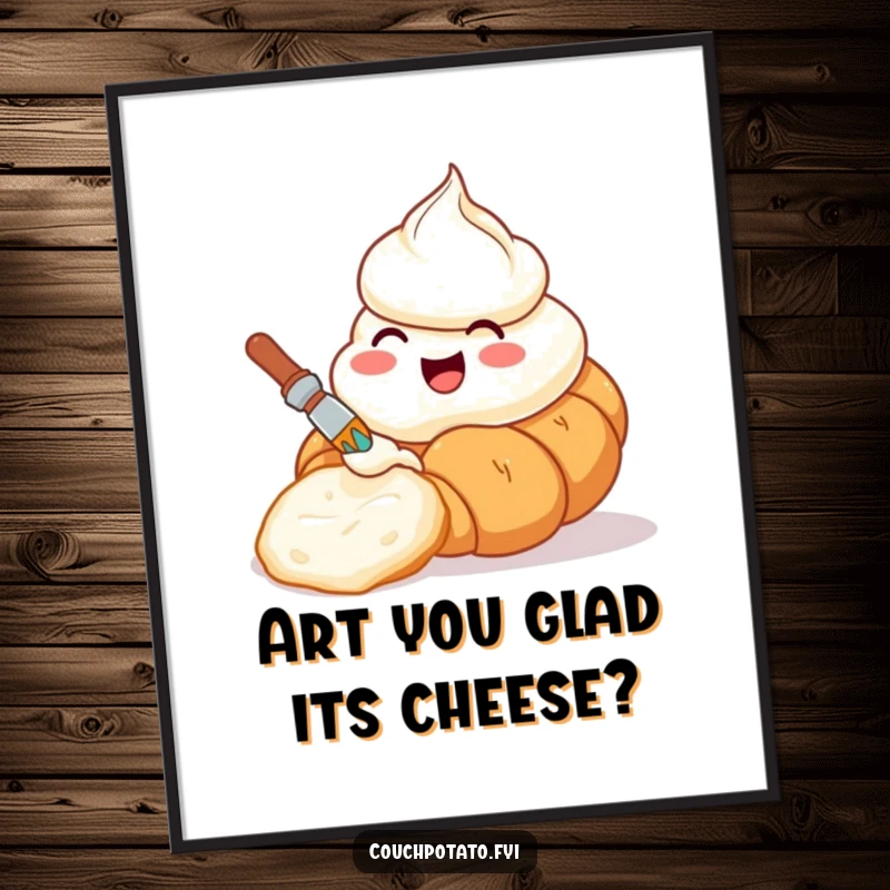 Funny Free Printable Wall Art: A delighted tub of cream cheese happily paints a beautiful croissant, creating edible-inspired decor.