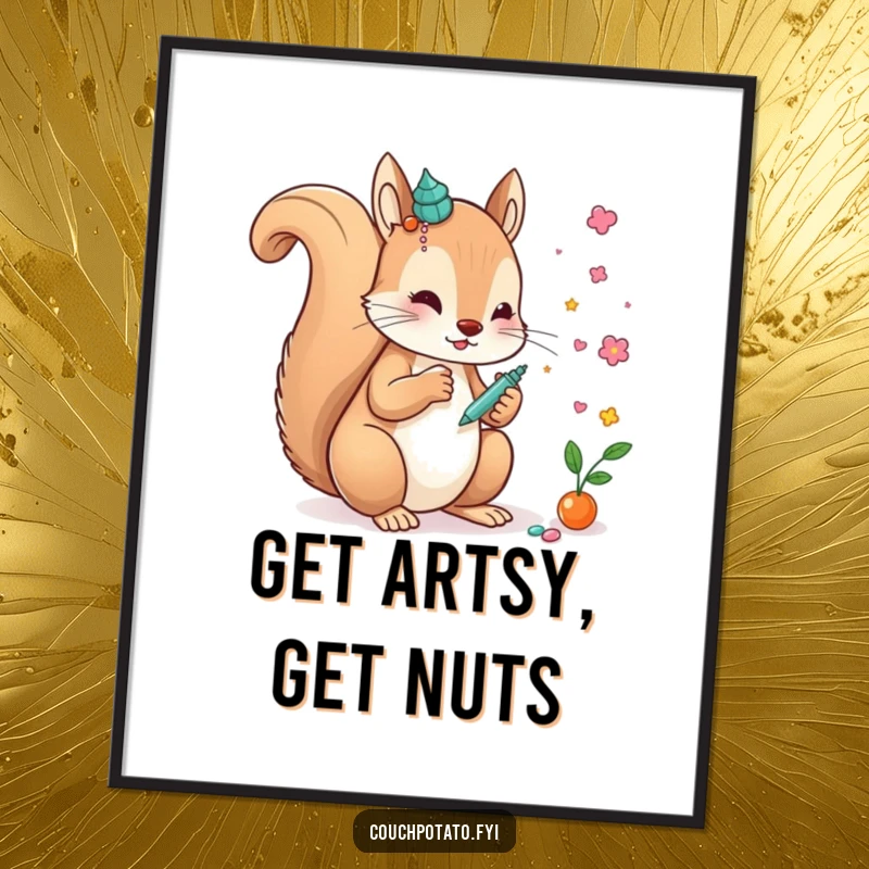 Funny free printable wall art of a dedicated squirrel artist, busy gluing colorful decorative elements onto a delightful, whimsical piece of art.