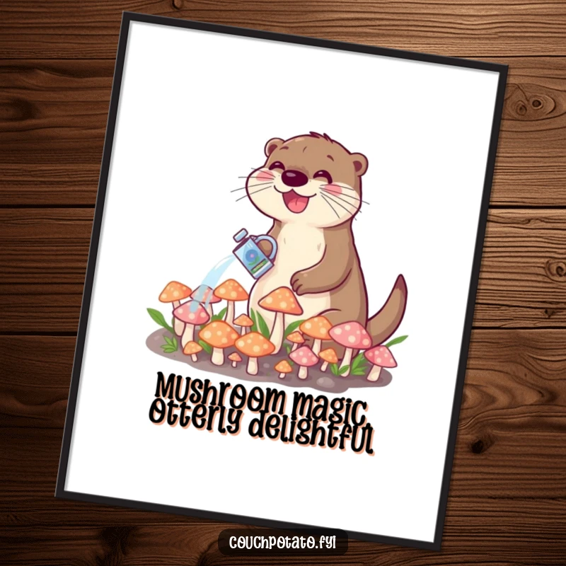 Funny Free Printable Wall Art: A joyful otter waters a patch of vibrant, tiny mushrooms, creating charming and downloadable art.